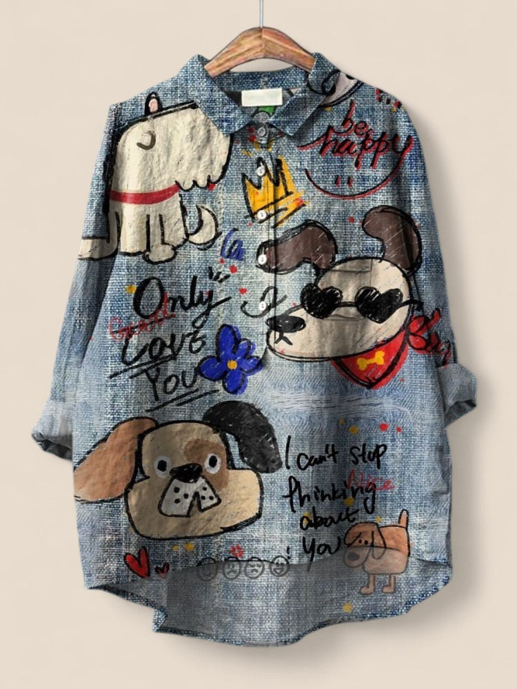Caroline - Dog Art Print Cotton-Linen Shirt