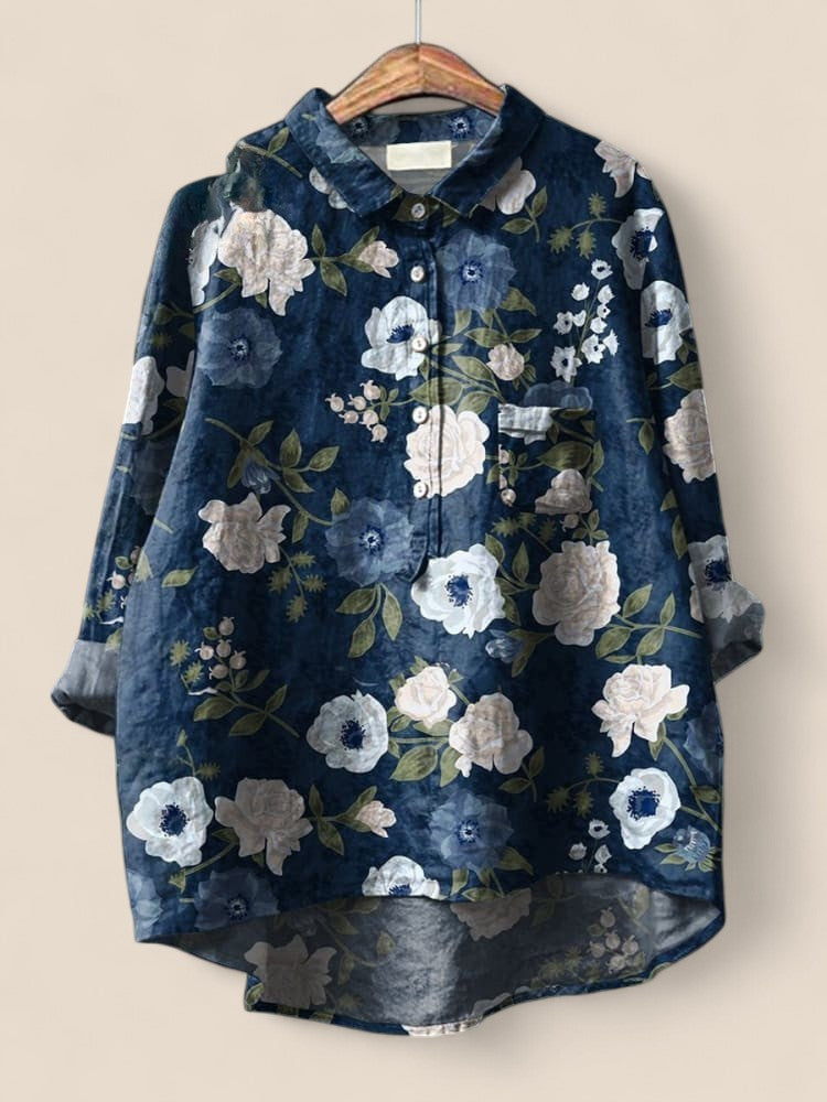 Katherine - Lightweight Floral Art Print Cotton-Linen Shirt