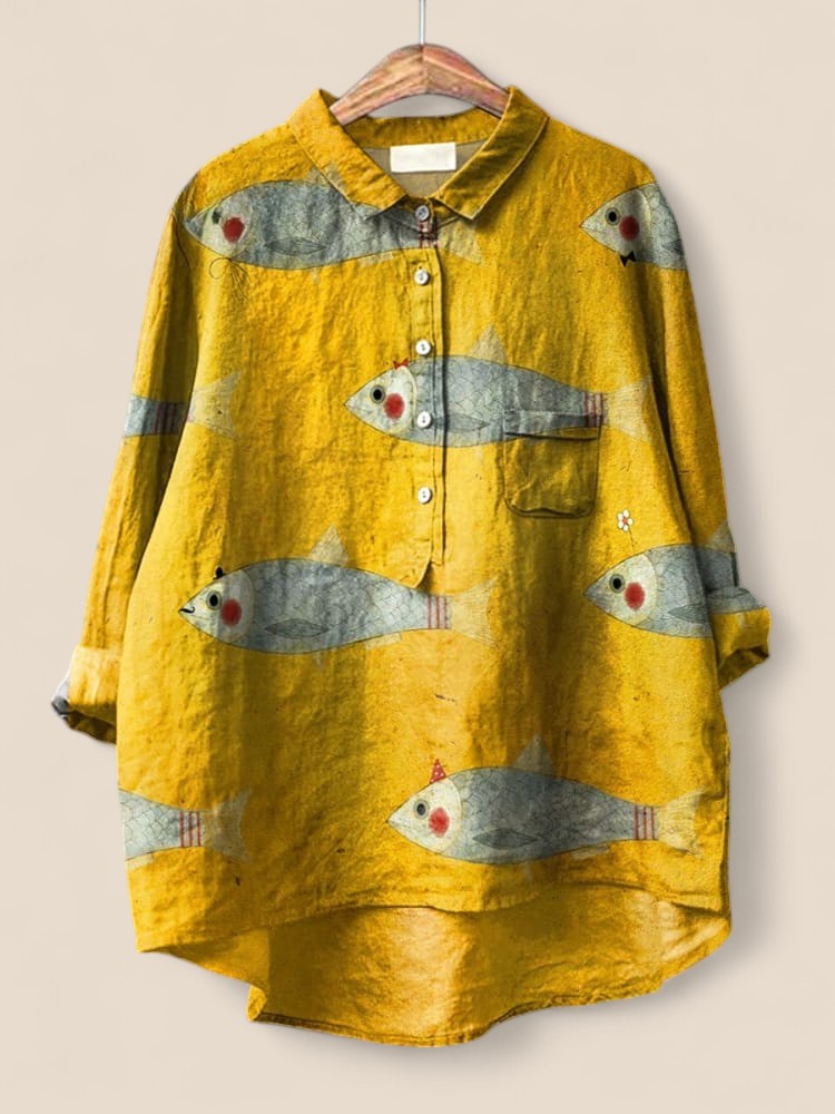Elena - Vintage Fish Art Print Cotton-Linen Shirt