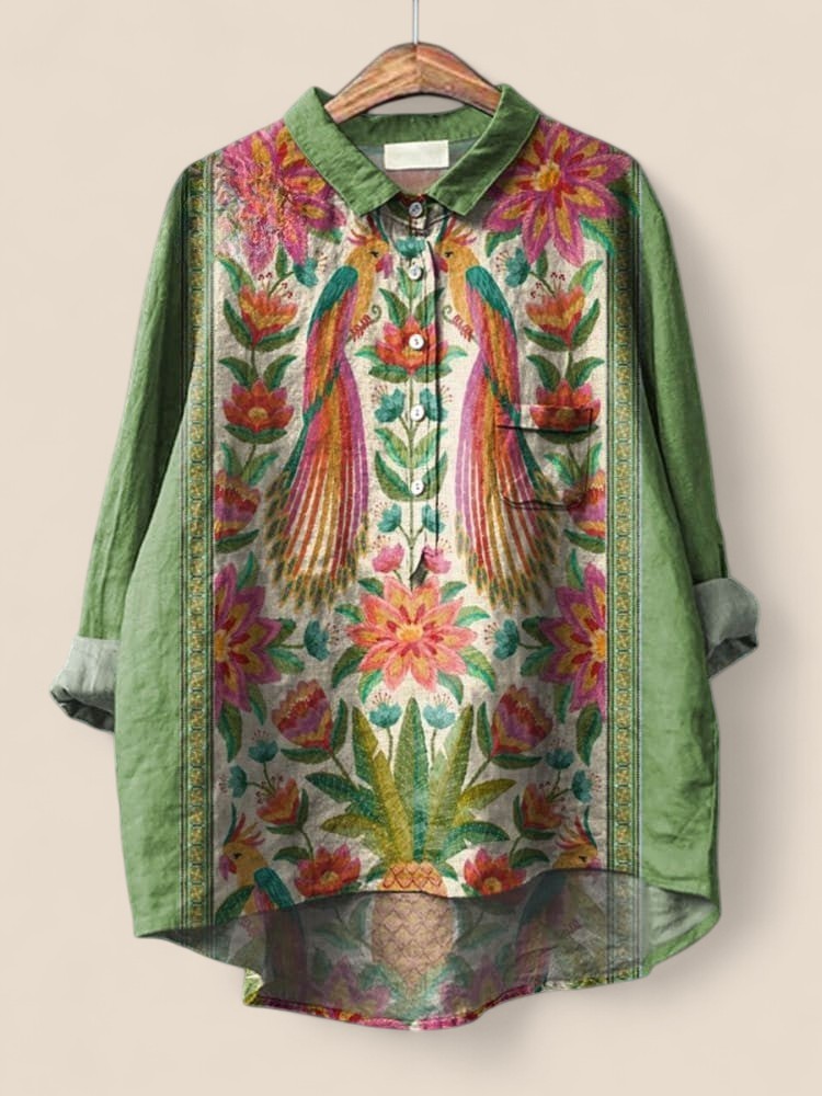 Sarah - Vintage Floral Birds Art Print Cotton-Linen Shirt