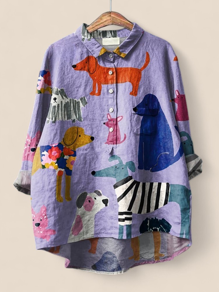 Lily - Unique Dog Art Print Cotton-Linen Shirt