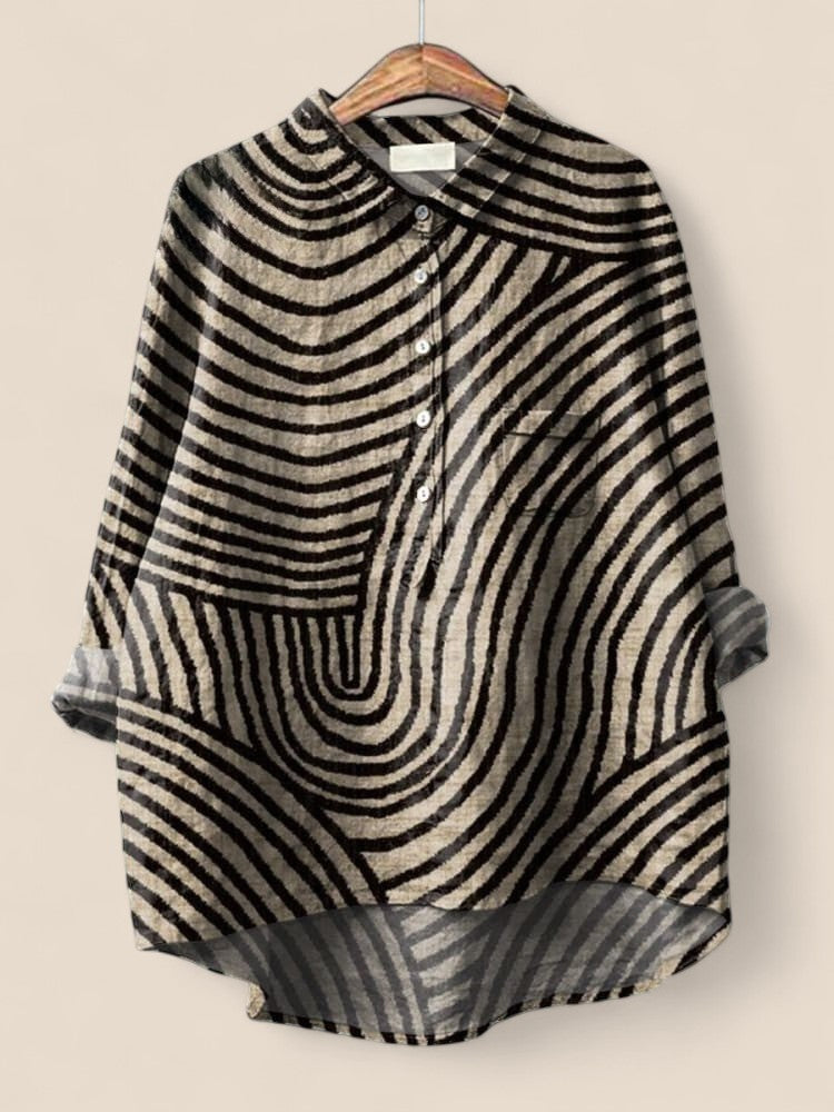 Naomi - Trendy Circular Line Pattern Cotton-Linen Shirt